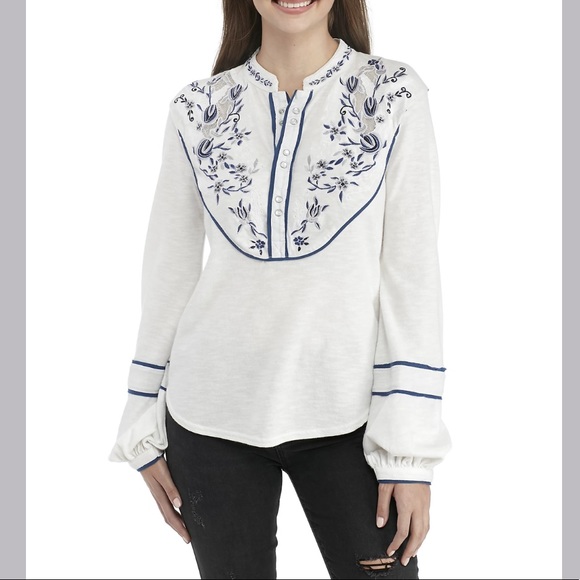 Free People Sundance Western Embroidered Henley Boho Top- Size Medium - Picture 2 of 16